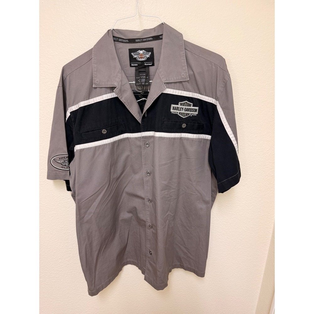 Harley-Davidson Mens XL Gray Black Button Up Embroidered Work Shirt Short Sleeve